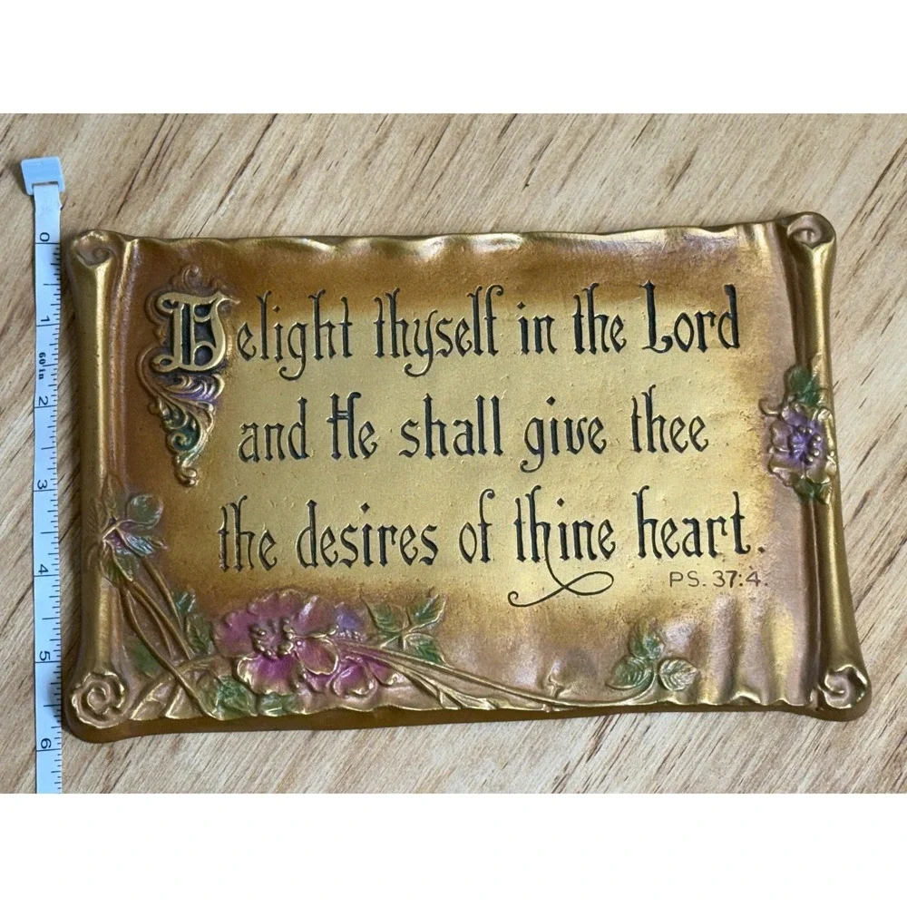Vintage 1928 AE Mitchell Art Co Metal Scripture Wall Plaque Psalm 37:4 Gold 9in